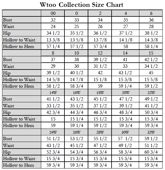 Wtoo Bridesmaid Size Chart