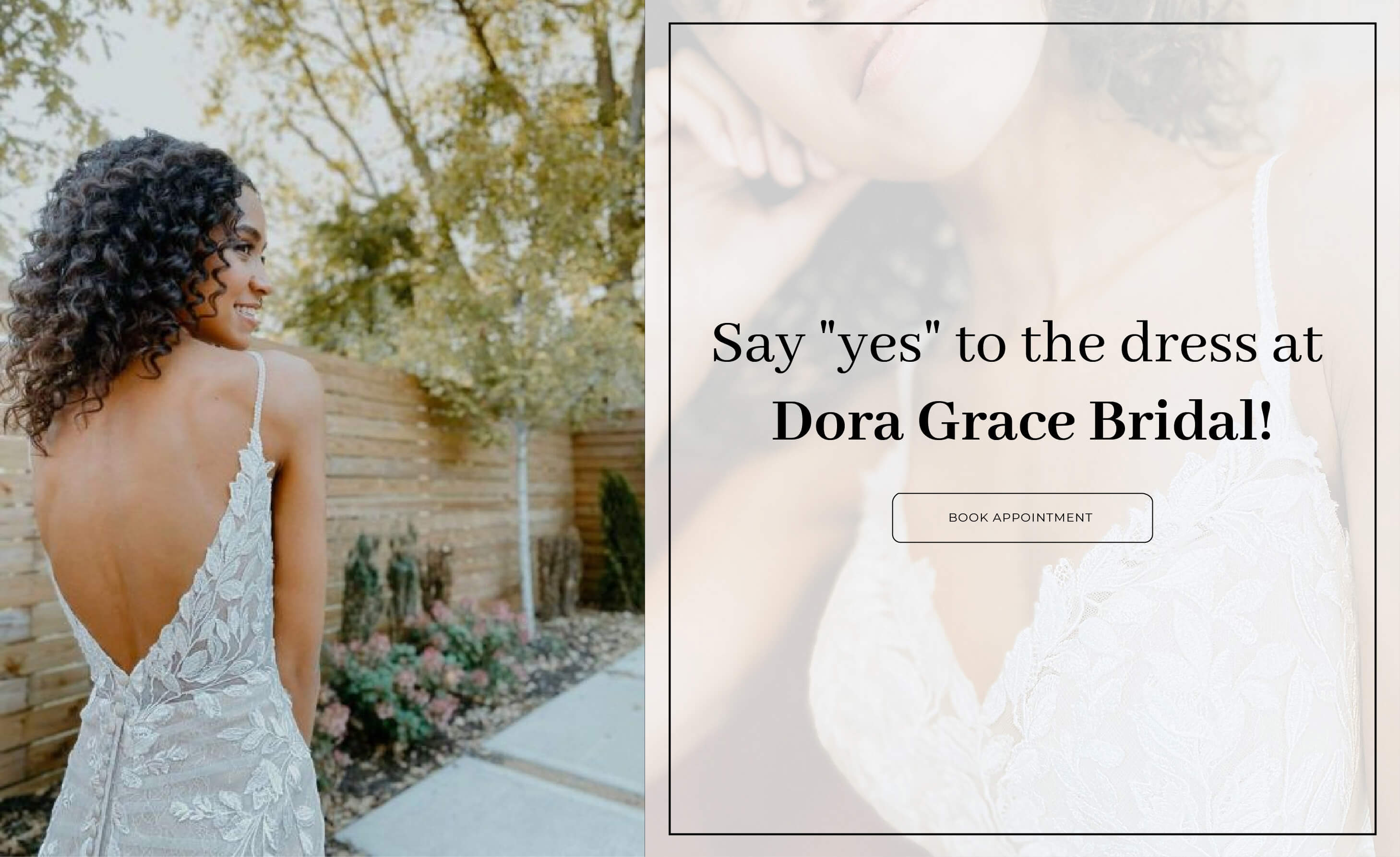 Model with curly hair wearing a floral wedding gown