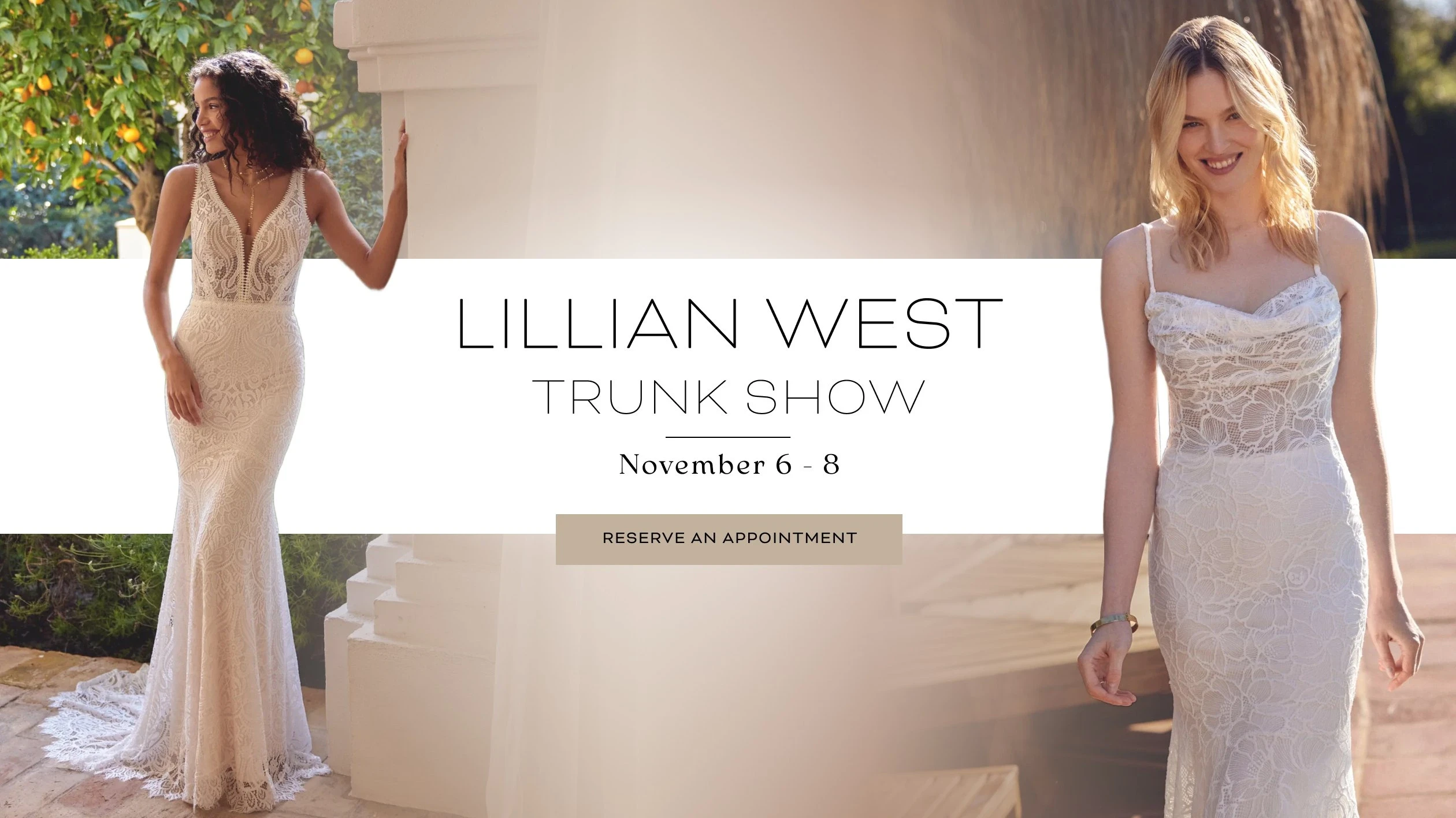 Models wearing Lillian West wedding dresses, trunk show desktop banner